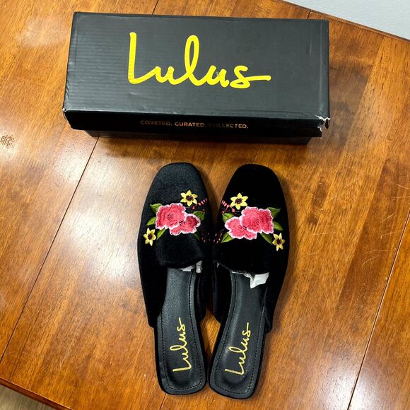 Lulu's Maggy Black‎ Velvet Embroidered Square-Toe Loafer Slides Size 9 - Picture 2 of 15